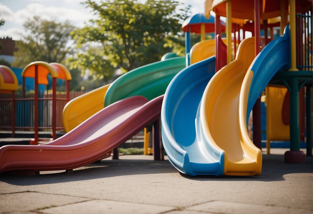 Children slide down colorful, twisting, and straight slides in a playground