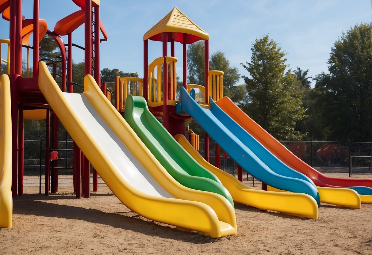 Children slide down various playground slides, including straight, spiral, and tube slides, with colorful equipment and safety barriers