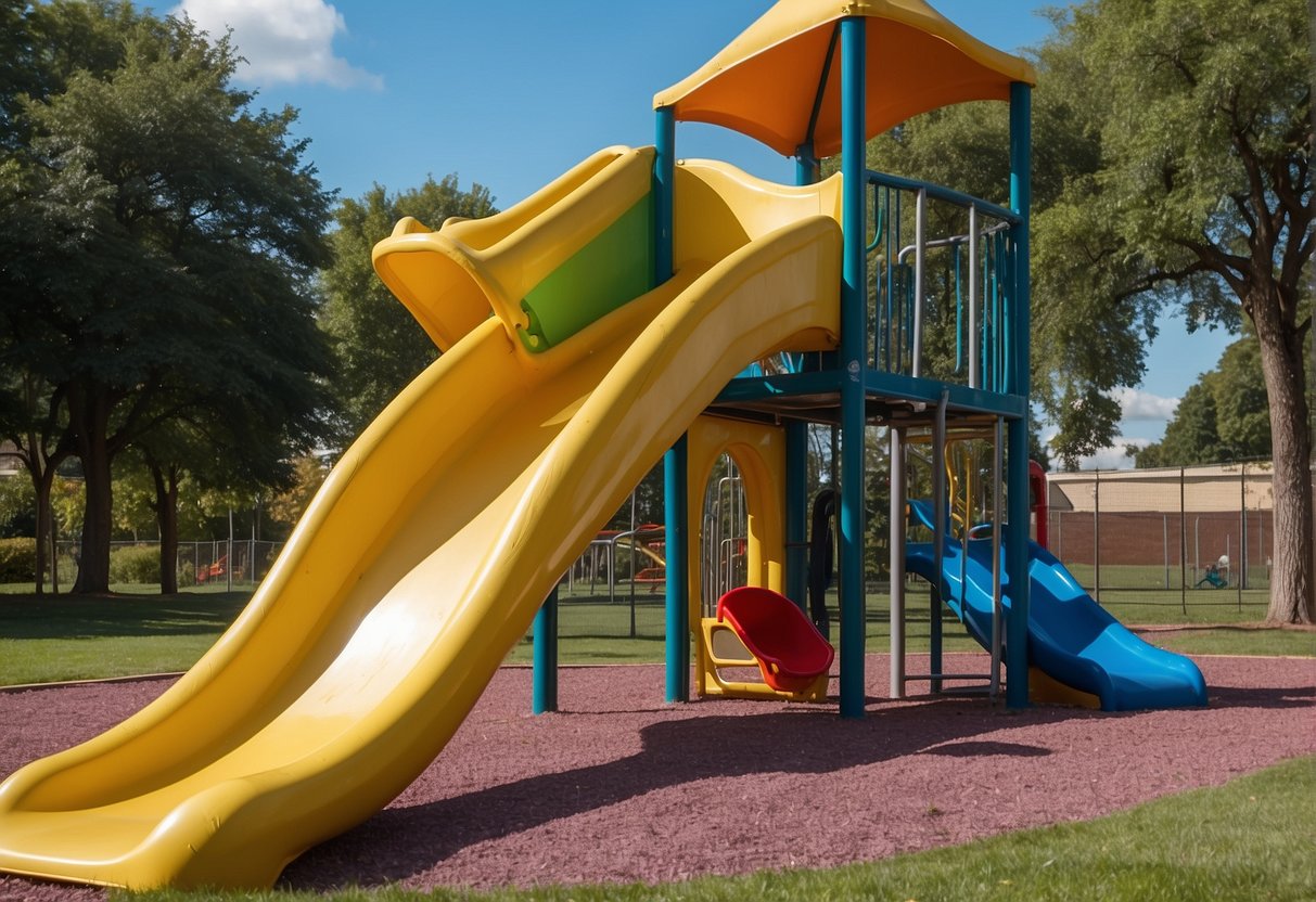 Children slide down various playground slides made of metal, plastic, or fiberglass, with different shapes and lengths, surrounded by safety mats and barriers
