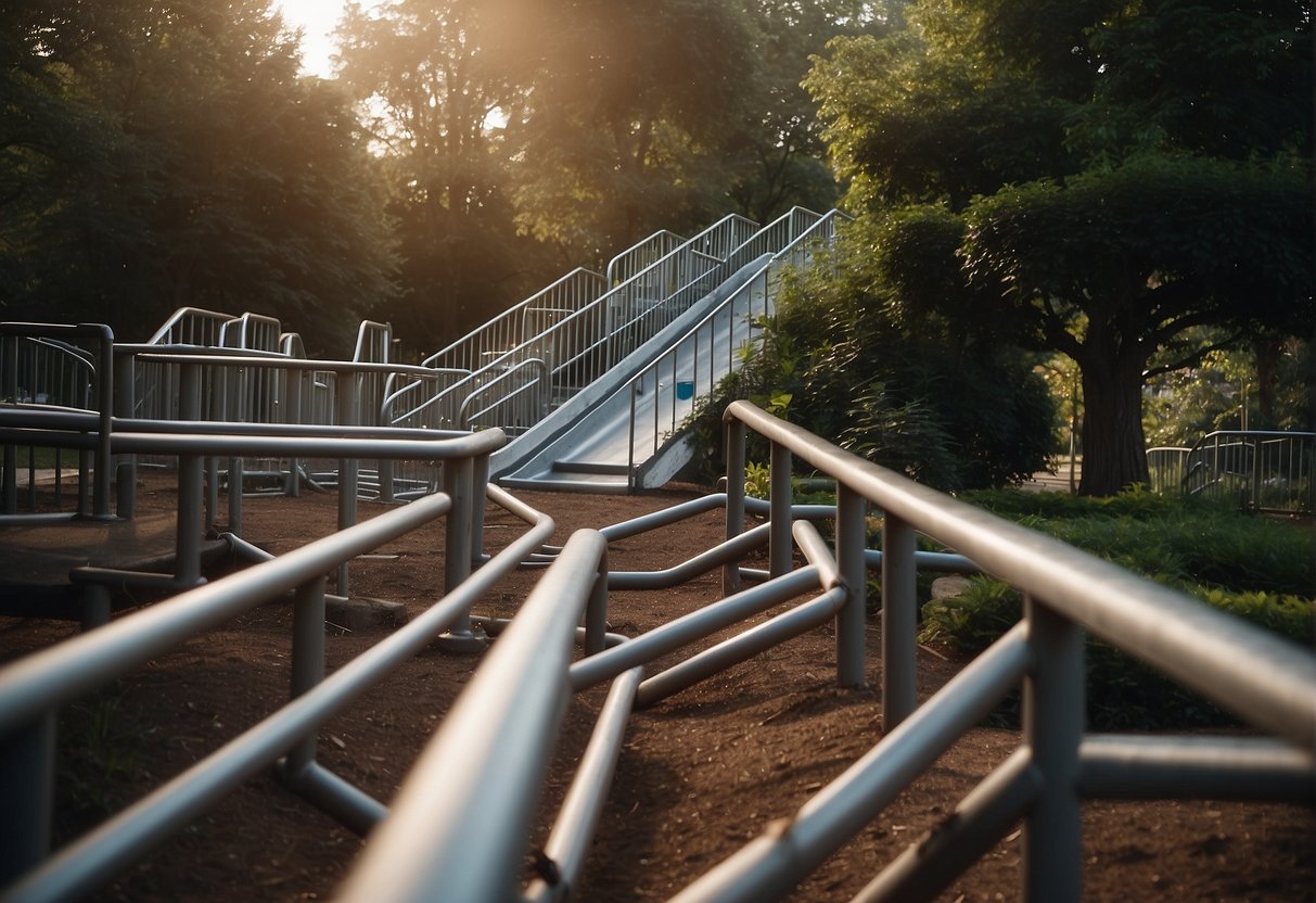 A playground slide with high handrails, a gentle slope, and a smooth surface. Another slide with a twisty, enclosed tube design and a sturdy ladder for access