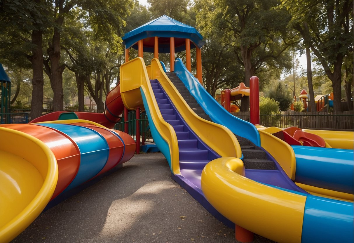 Children sliding down different types of playground slides - straight, spiral, and tube - with colorful and vibrant surroundings