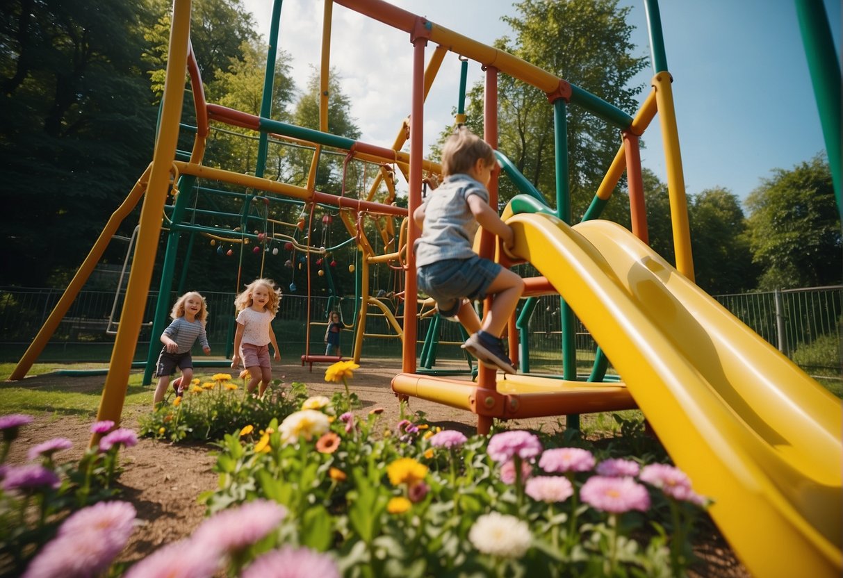 Children climb and play on a colorful climbing frame in a sunny outdoor playground. The structure is surrounded by green trees and vibrant flowers, with other kids running and laughing in the background