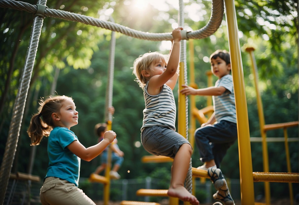 Children play on a jungle gym in a backyard. The structure is made of metal bars, slides, and climbing ropes. Surrounding trees and greenery create a natural setting