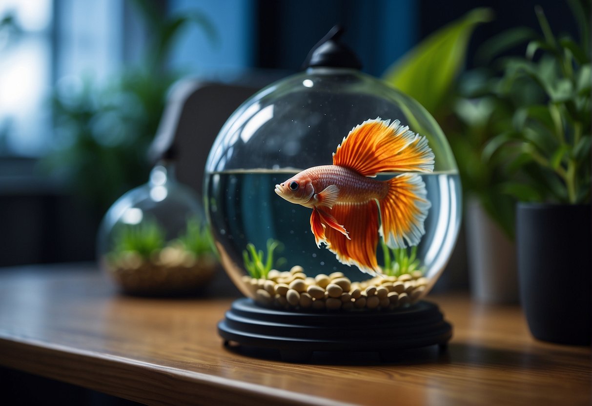 A betta fish swimming in a small aquarium with a thermometer, warm water, and a heat source, such as a lamp or heating pad, nearby