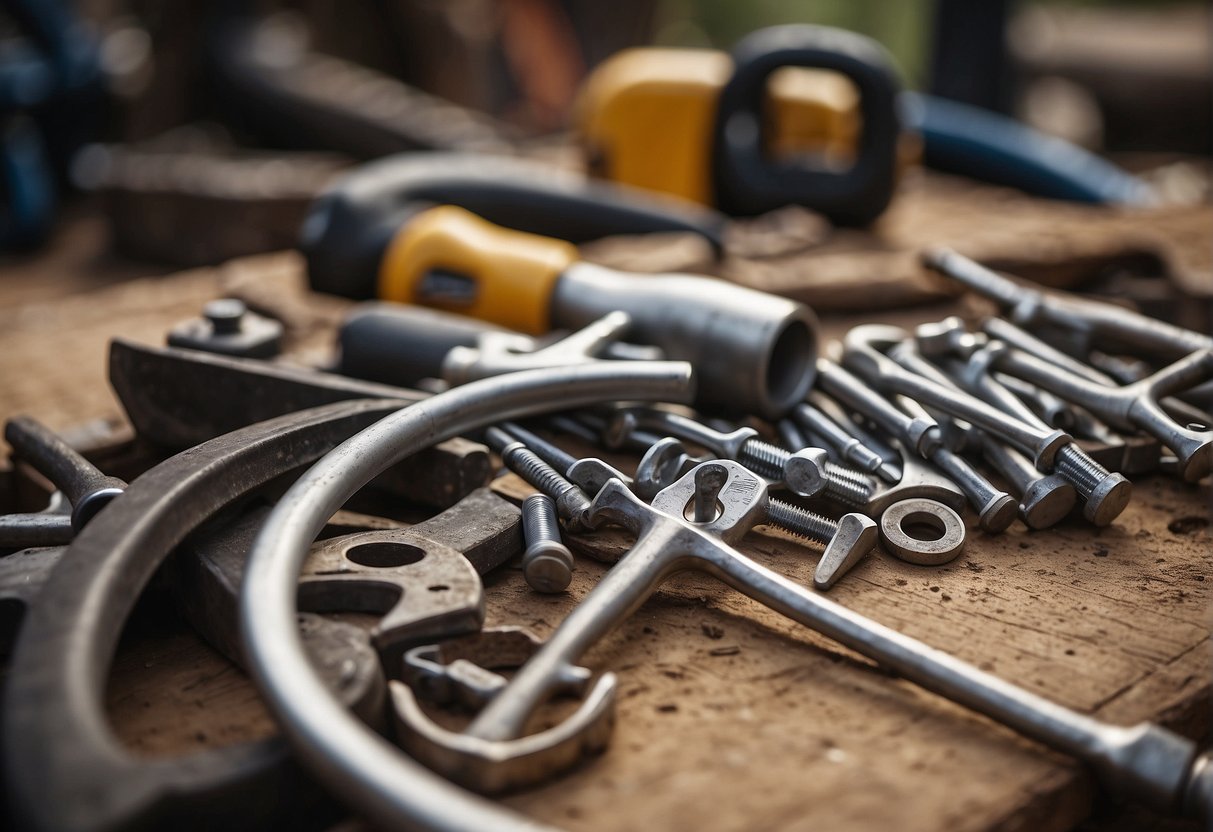 A collection of tools and equipment are laid out, including wrenches, screws, and wooden beams, ready to be used in the construction of a jungle gym