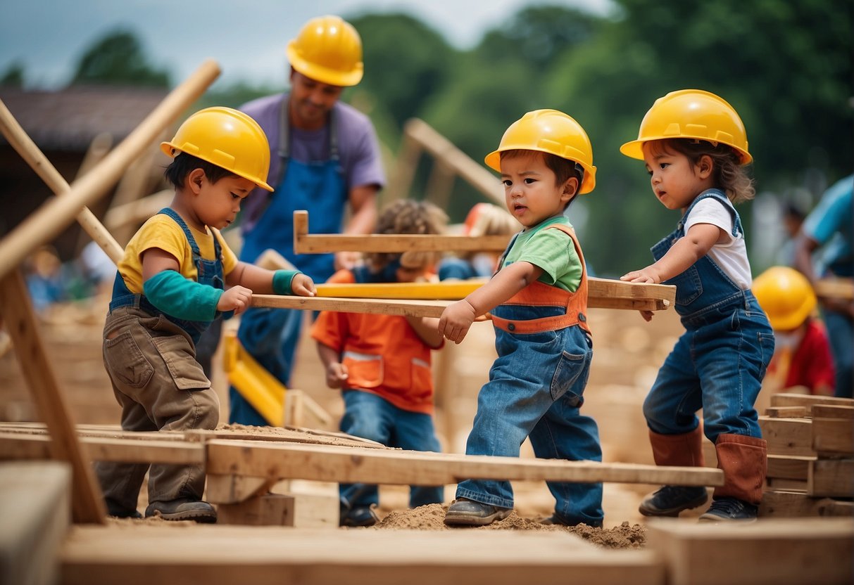 Children playing on a jungle gym, surrounded by construction materials and workers building the foundation