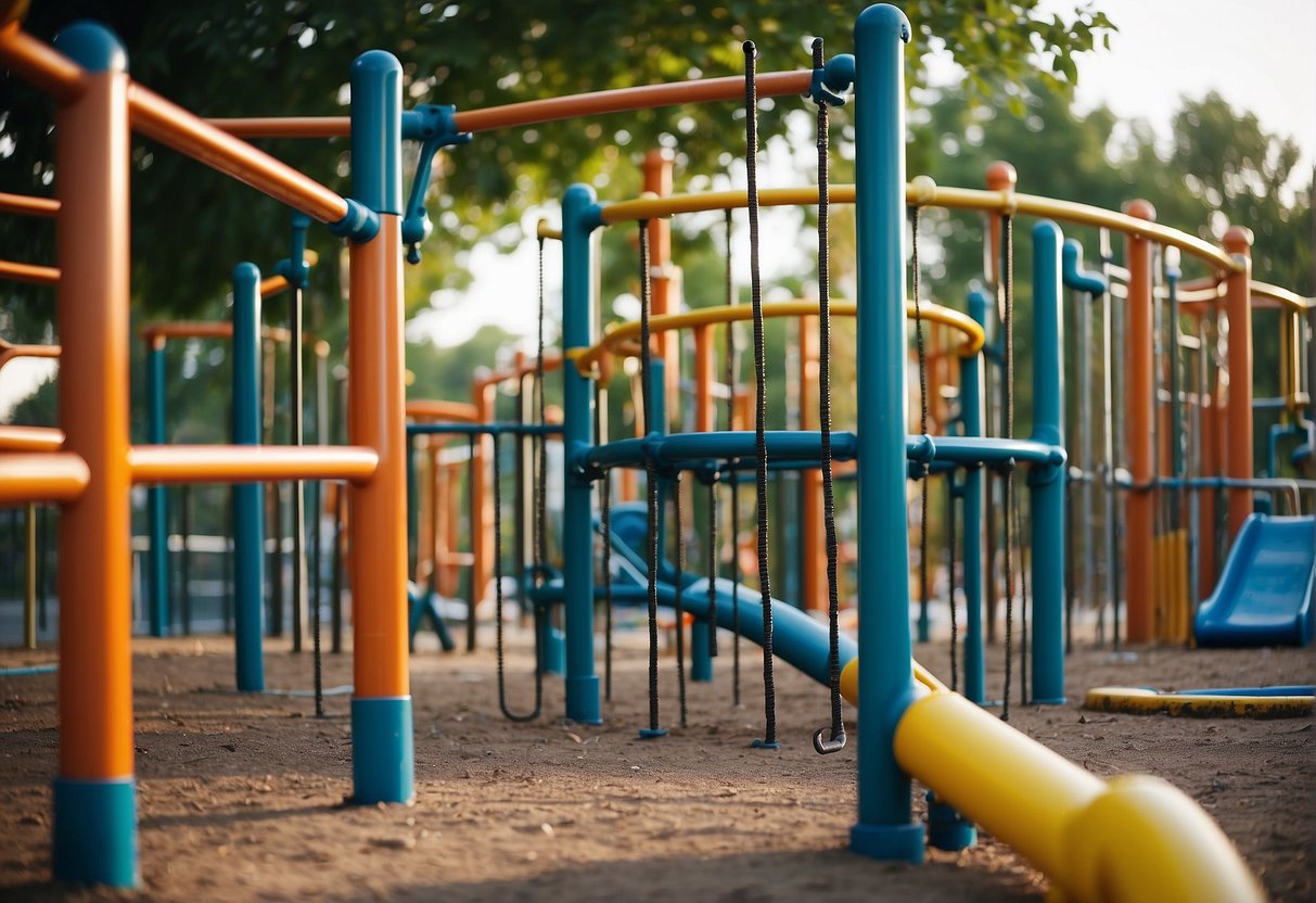 Children's playground, metal pipes and bars are being connected and bolted together to form a jungle gym structure