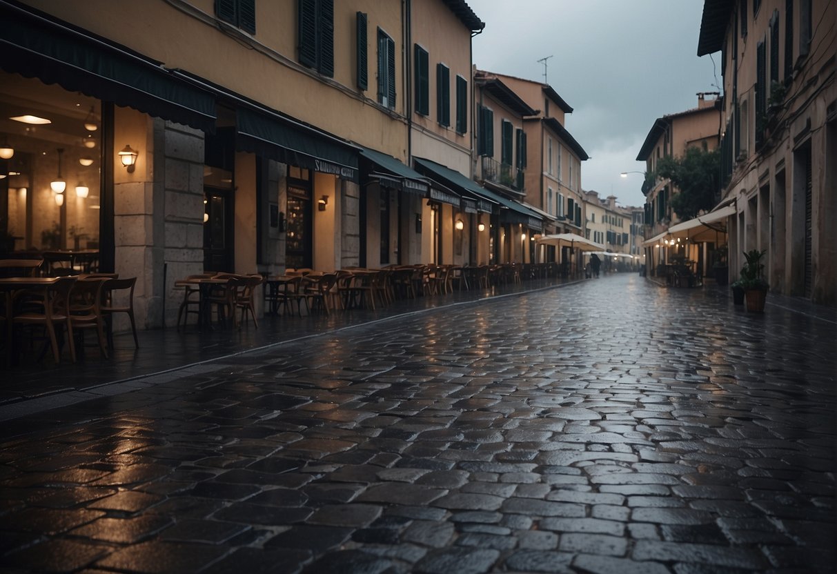 Dark storm clouds loom over empty cobblestone streets, as rain pours down on deserted cafes and shuttered shops in Italy