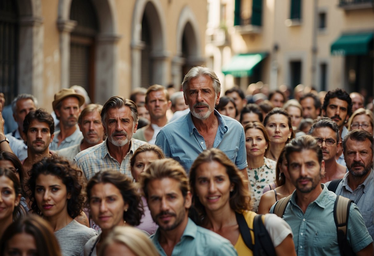 A crowded Italian street in summer, with tourists asking locals about the worst time to visit. A mix of frustration and confusion on their faces