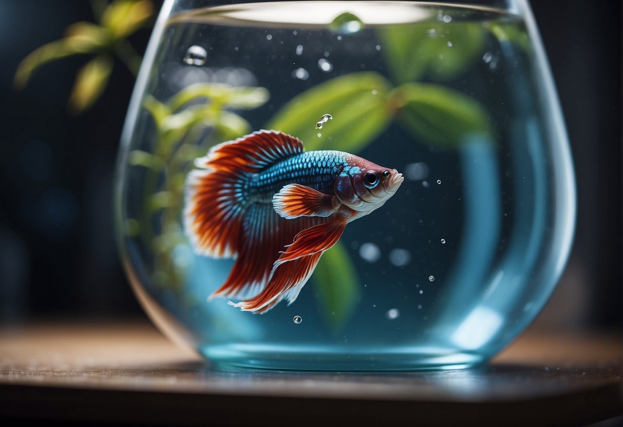 A betta fish is gently scooped from a cup and released into a spacious, decorated tank with clean, treated water