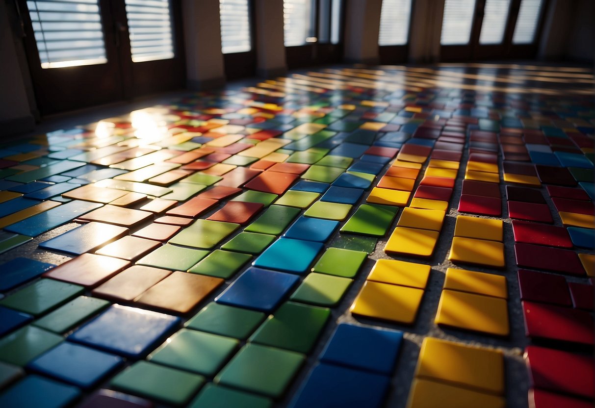 Colorful magnetic tiles scattered on the floor, forming a variety of structures and shapes. Bright light streaming in through the window, casting playful shadows on the tiles