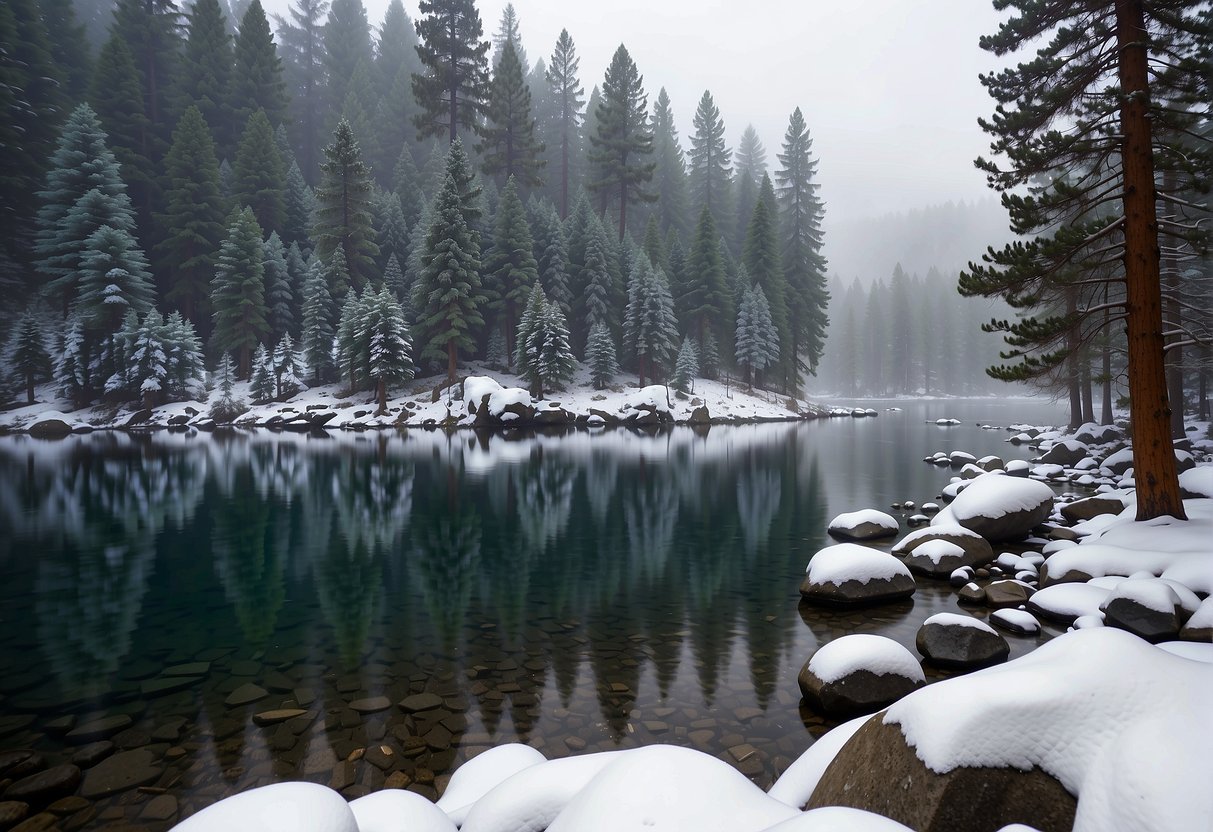 Snowstorm engulfs Lake Tahoe, obscuring the scenic views and making travel hazardous. The wind howls through the pine trees, creating an eerie and desolate atmosphere