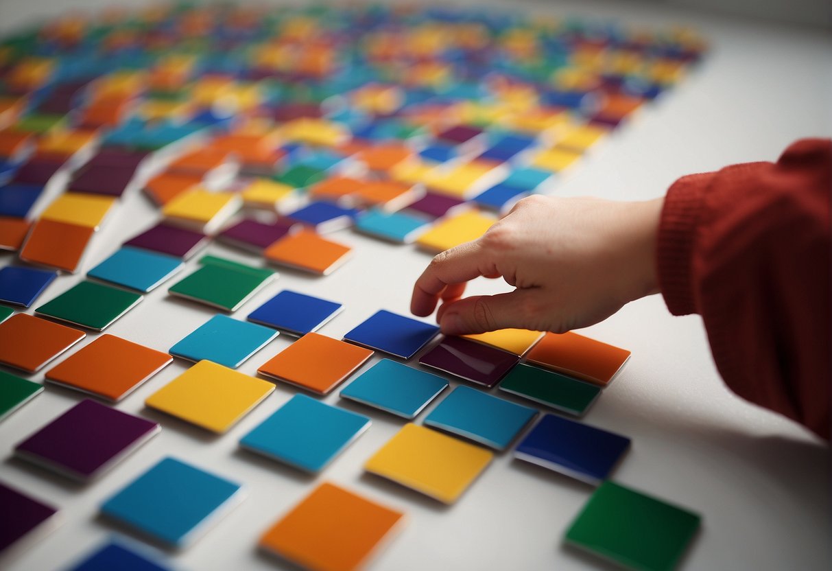 Colorful magnetic tiles arranged in a geometric pattern on a white surface, with a child's hand reaching out to pick one up