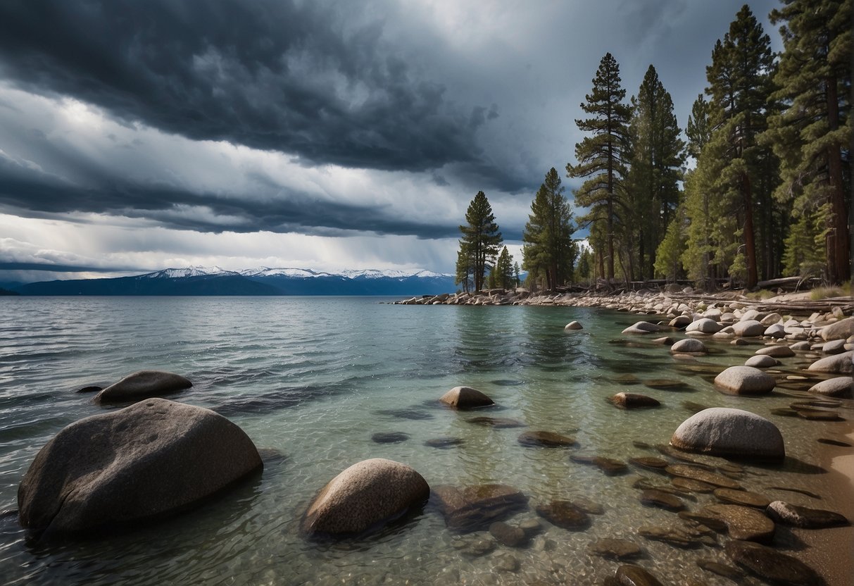 Stormy skies loom over deserted shores of Lake Tahoe, with choppy waters and swaying trees, creating a sense of isolation and unease