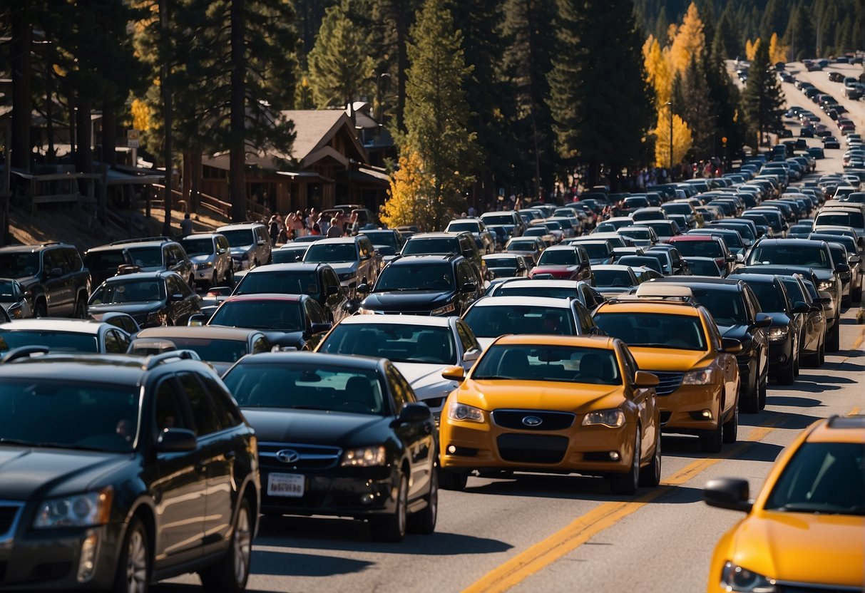 The scene depicts a crowded and congested Lake Tahoe during peak tourist season, with traffic jams, long lines at attractions, and limited parking options