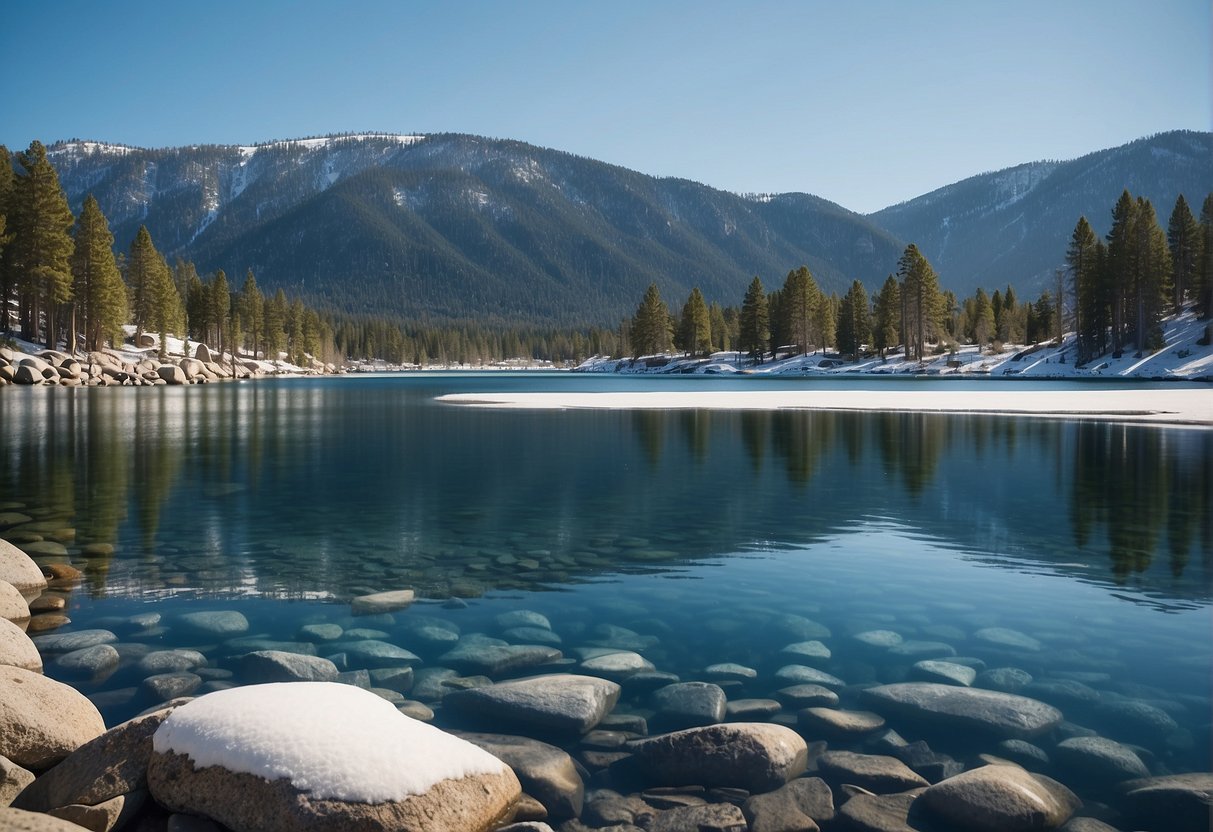 Lake Tahoe, surrounded by snow-capped mountains, sits tranquil under a clear blue sky. The sun reflects off the crystal-clear water, creating a serene and picturesque scene