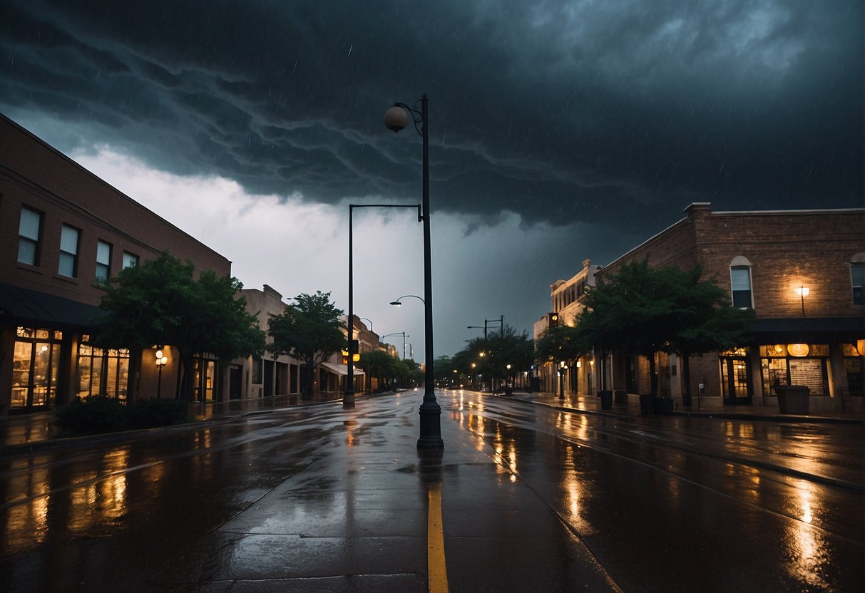 Dark storm clouds loom over deserted streets, as a relentless downpour drenches the city. Empty patios and closed attractions signal the worst time to visit San Antonio