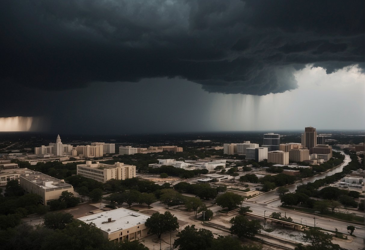 Dark storm clouds loom over San Antonio, heavy rain and strong winds batter the city, making it the worst time to visit