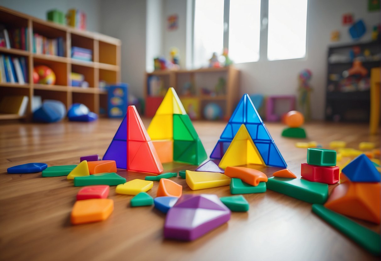 Colorful Magna Tiles and Playmags scattered on a playroom floor, with children's toys and books in the background