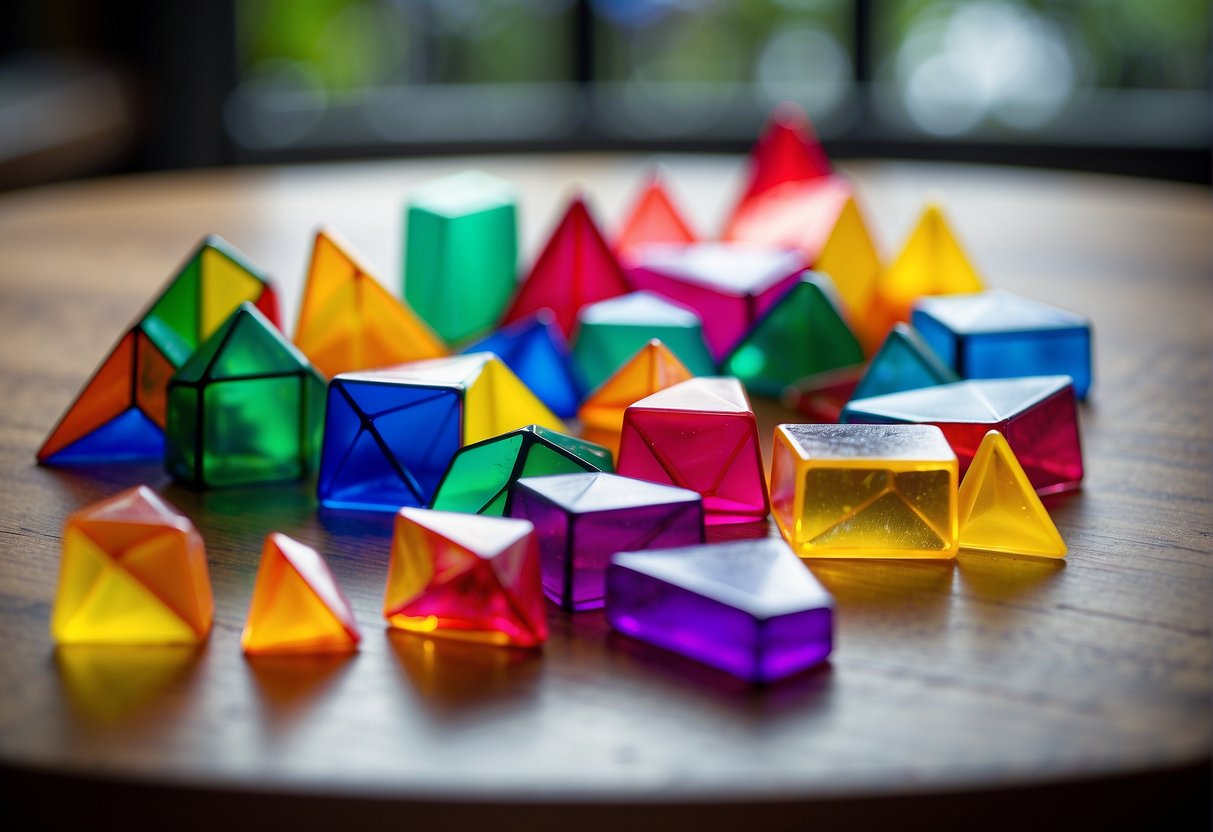 Colorful Magna Tiles and Playmags spread out on a table, showcasing their different shapes and sizes. The vibrant, translucent pieces create a visually appealing and educational scene for children