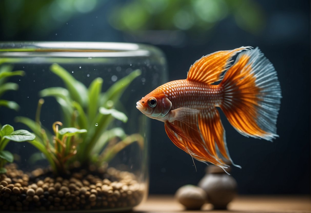 A betta fish is gently transferred from a small cup to a spacious tank with plants and hiding spots, ensuring a smooth transition for the fish
