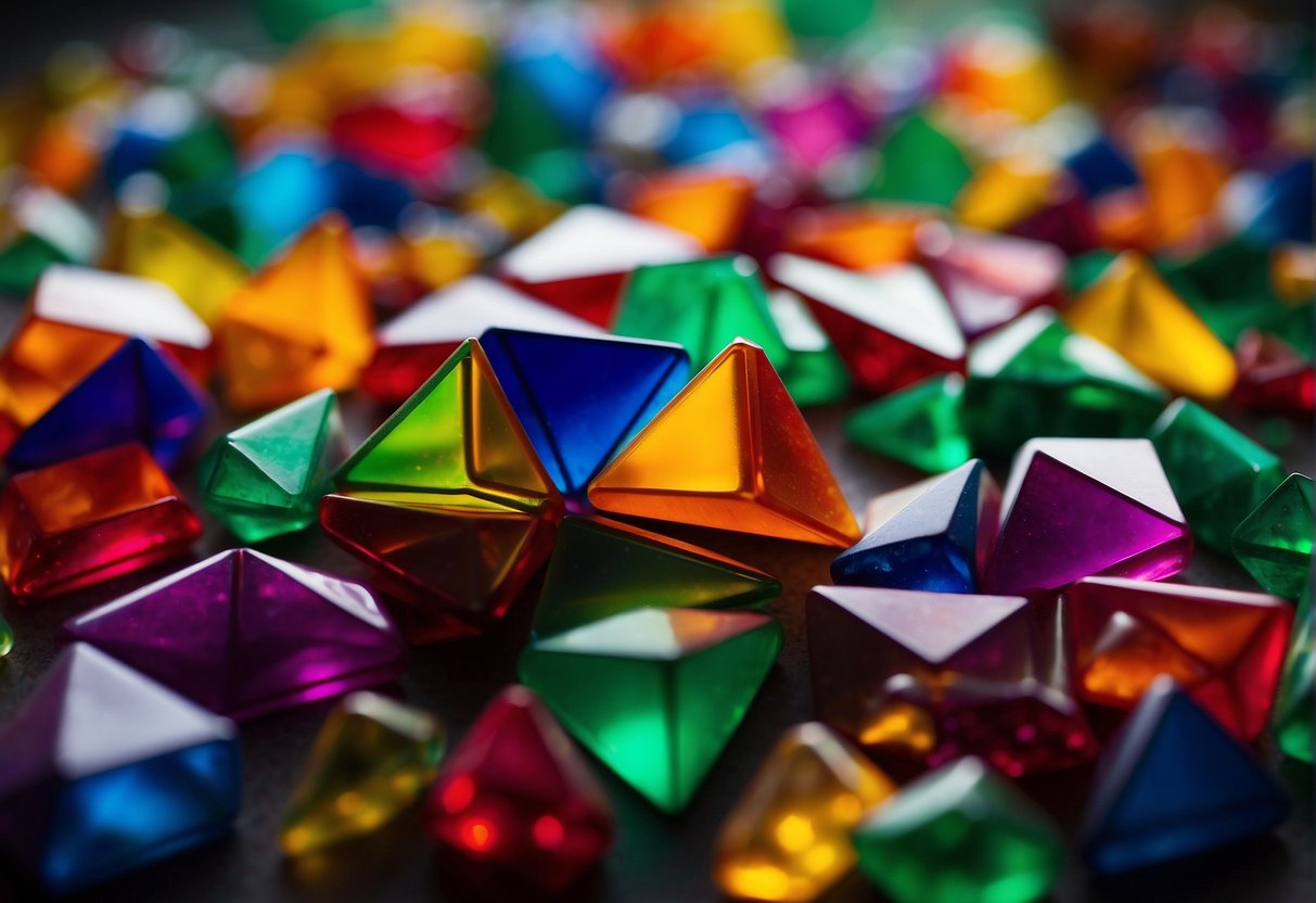 A pile of colorful Magna Tiles and Playmags sit side by side, showcasing their different shapes and sizes. Rays of light illuminate the translucent pieces, highlighting their unique features