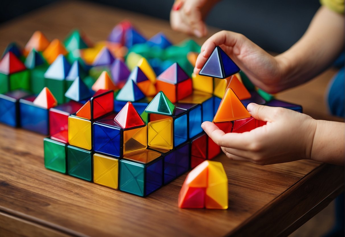 Brightly colored Magna Tiles and Playmags arranged in a pattern on a table, with a child's hand reaching for them