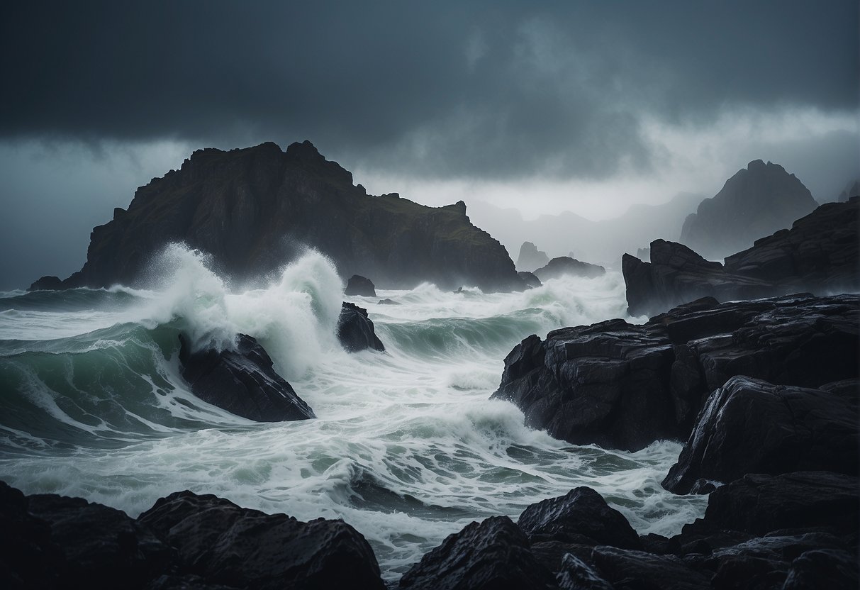 The stormy sea crashes against the jagged rocks of Rocky Point, shrouded in dark clouds and swirling mist, creating a menacing and treacherous atmosphere