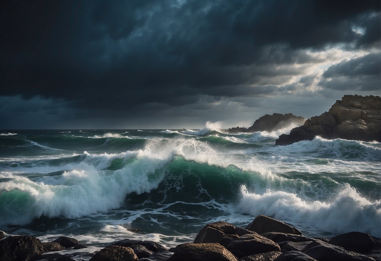 The stormy sea crashes against the rocky shore, dark clouds loom overhead, and strong winds whip through the air, creating a sense of unease and danger