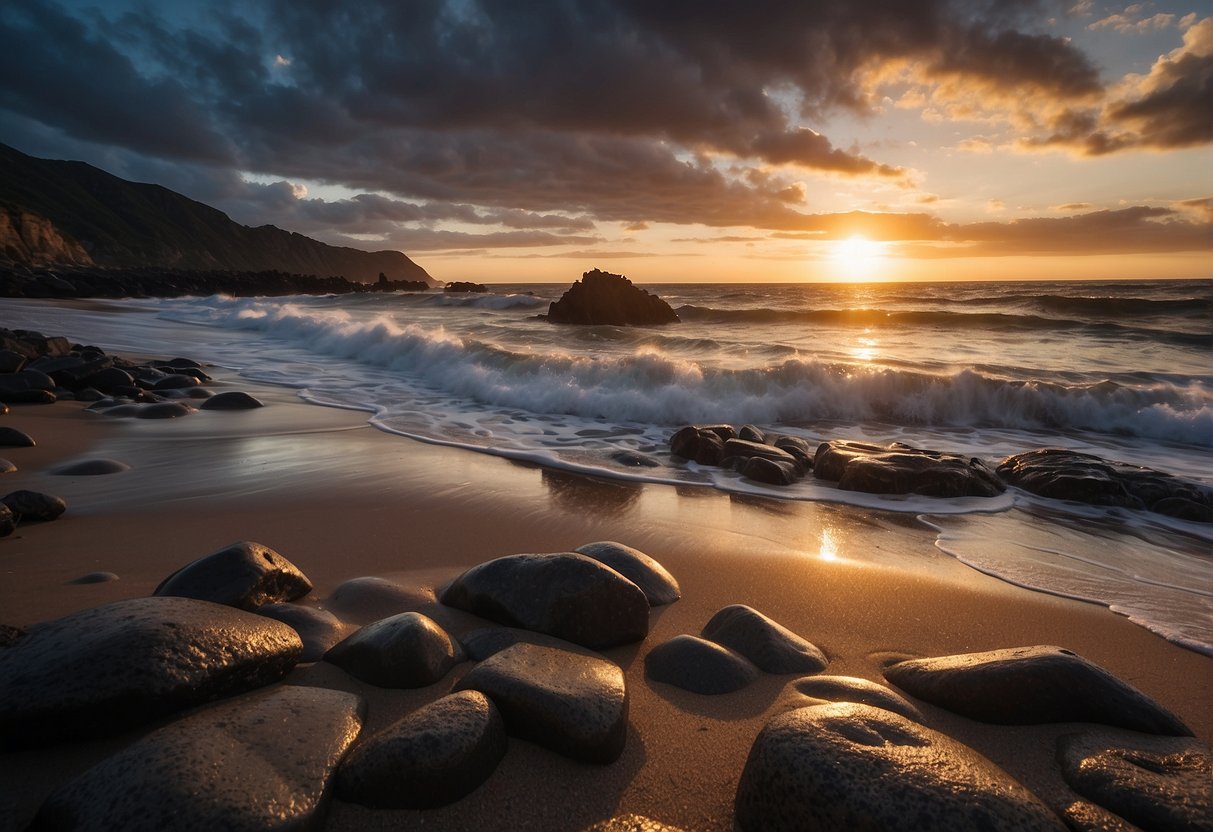 The sun sets behind the rocky point as dark clouds loom overhead, creating a sense of foreboding. The crashing waves and deserted beach add to the eerie atmosphere