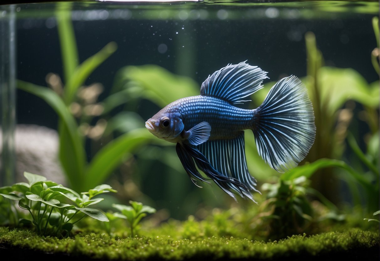 A betta fish swims in a spacious, well-decorated tank with live plants, hiding spots, and a gentle filtration system. The water is kept at a stable temperature and is regularly tested and cleaned