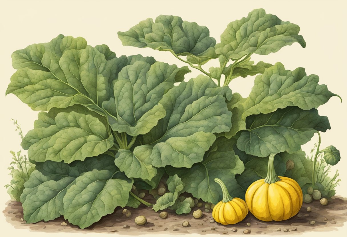 Squash leaves turning yellow, with brown spots, in a garden