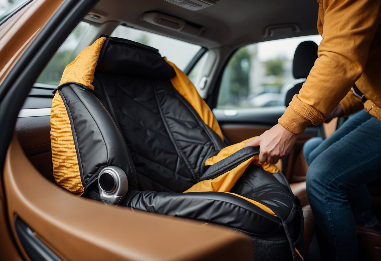 A car seat cover is shown being installed on a car seat, protecting it from spills and wear
