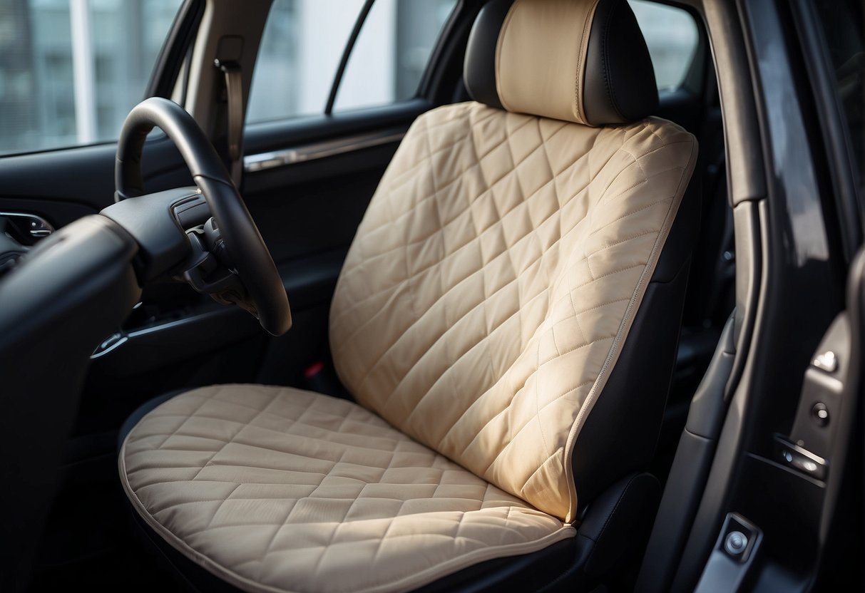 A car seat cover is being installed on a clean, well-maintained car seat, providing protection and adding a stylish touch to the interior