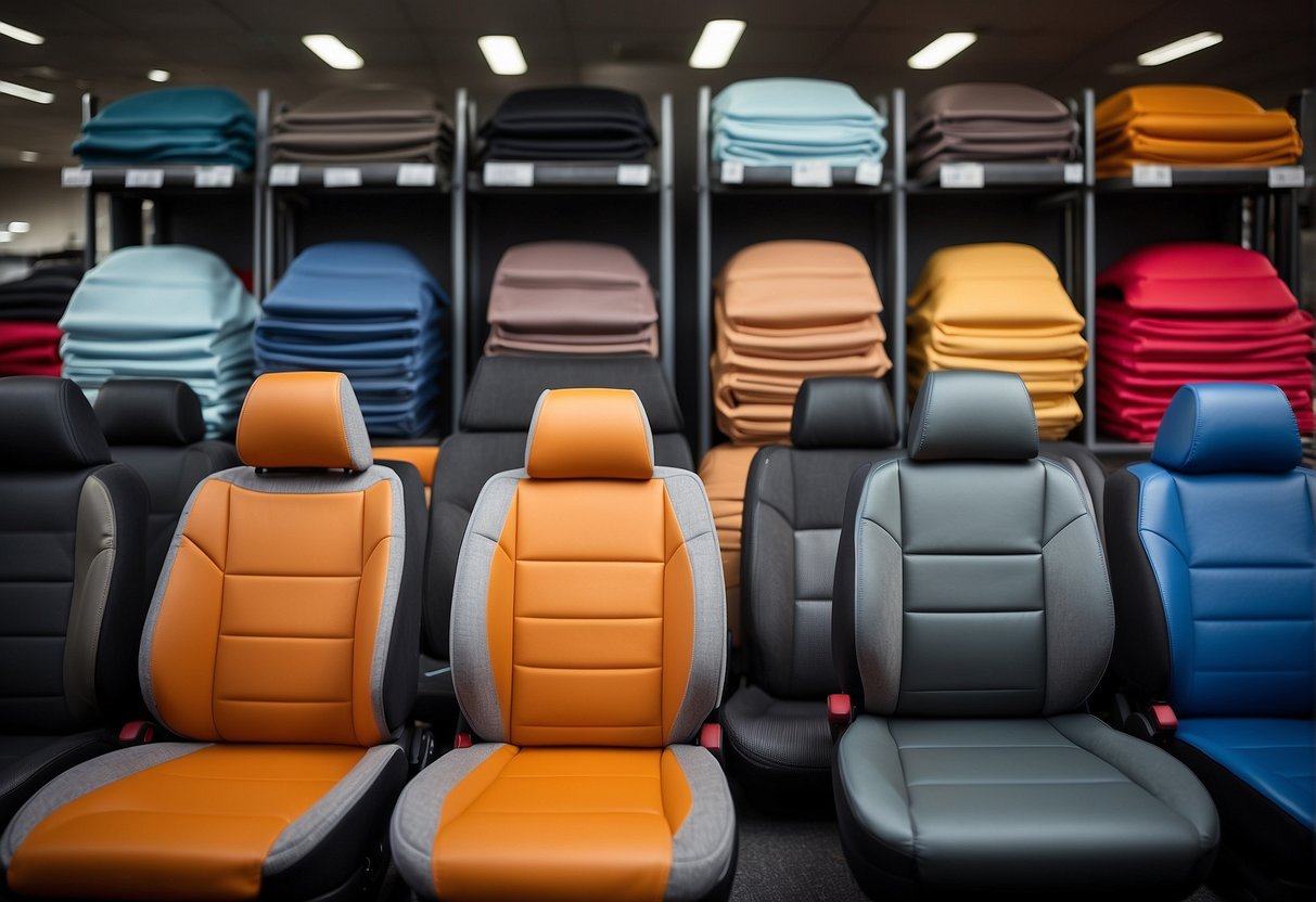 A variety of car seat covers displayed on a shelf, with different colors and materials, showcasing the options available to consumers