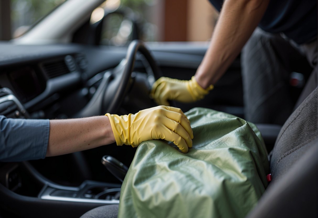 A car seat cover is being installed on a vehicle seat by a person using their hands. Another person is seen maintaining the cover by cleaning and adjusting it for a perfect fit