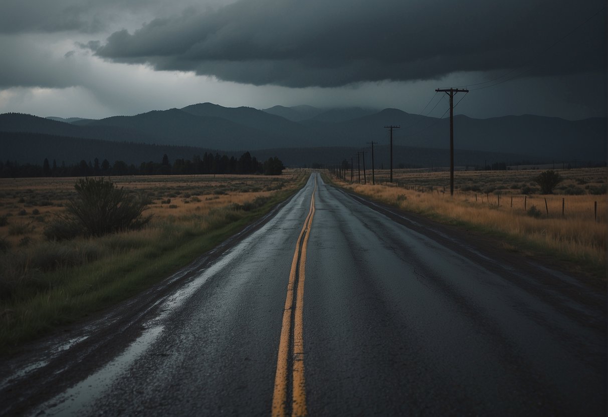 Dark, stormy skies loom over a desolate Oregon landscape. The wind howls through the empty streets, and rain pelts the ground, creating a sense of foreboding and isolation