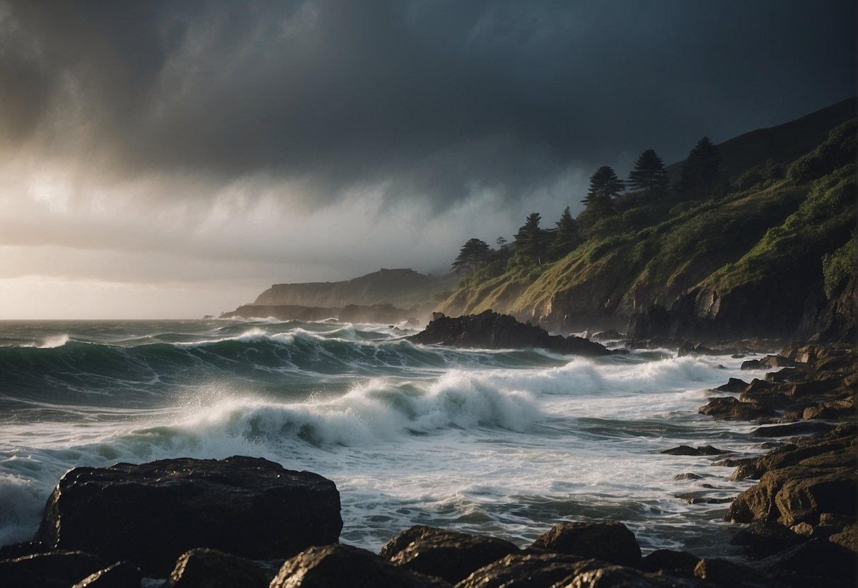 Dark clouds loom over rugged coastline, waves crash violently against rocks. Wind whips through trees, bending them sideways. Rain pours down, creating a misty, dramatic atmosphere