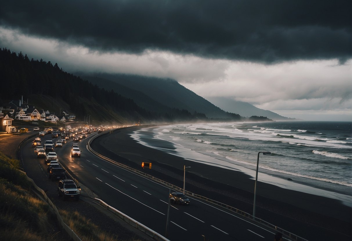 Dark storm clouds loom over crowded beaches, traffic jams on coastal highways, and long lines at popular tourist attractions in Oregon during peak season