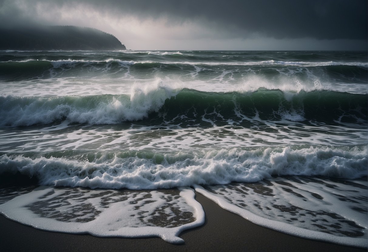 A stormy, gray sky looms over a deserted Oregon beach, with crashing waves and strong winds creating a sense of foreboding