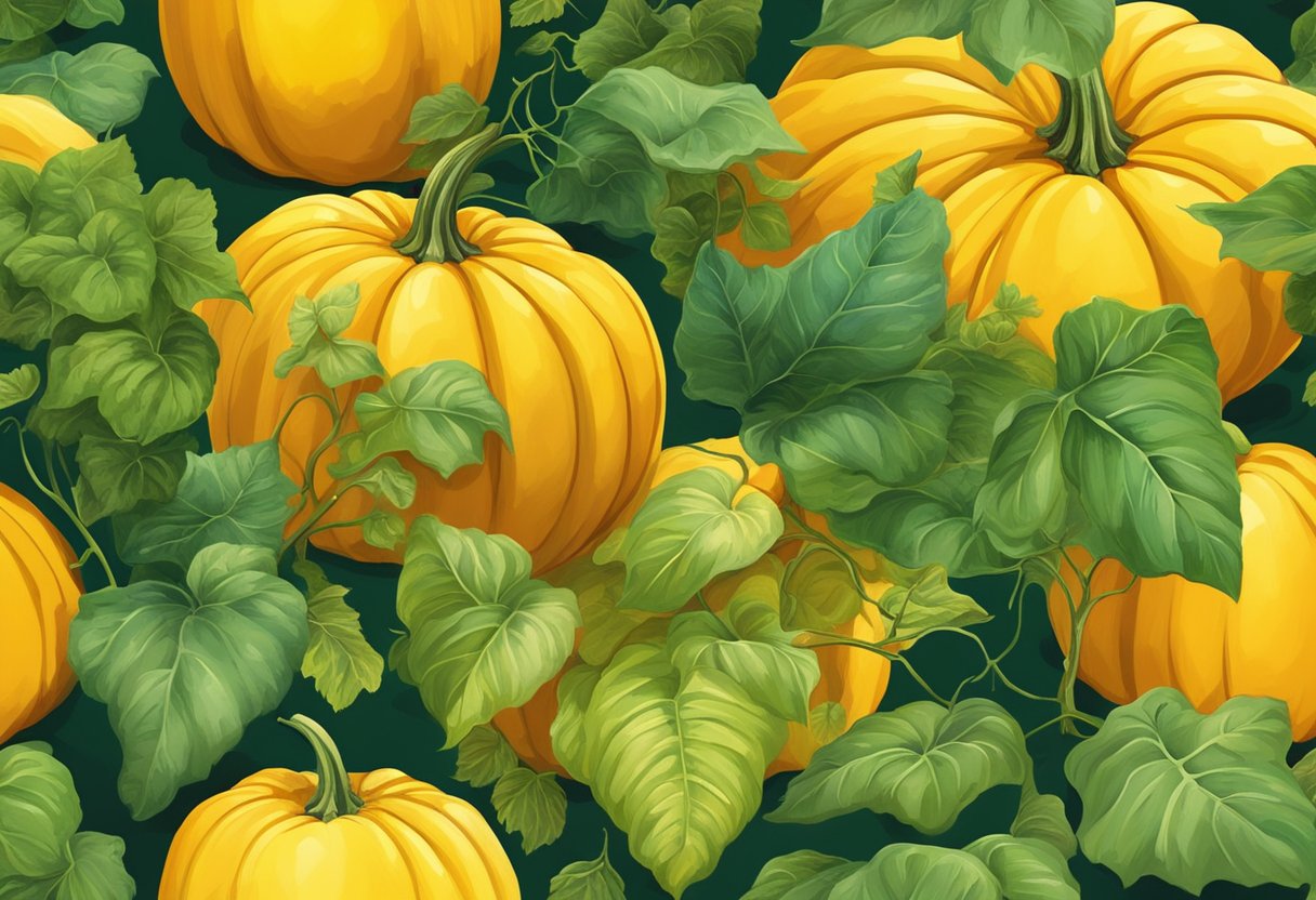 A bright yellow pumpkin sits in a patch, surrounded by green vines and leaves. The sun shines down, casting a warm glow on the unusual fruit