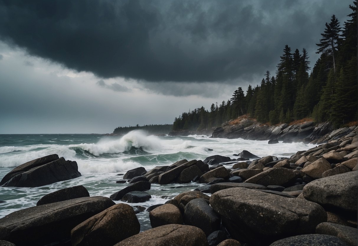 Stormy waves crash against rocky Maine coastline under dark, ominous clouds. Trees bend in the wind, creating a sense of desolation and isolation