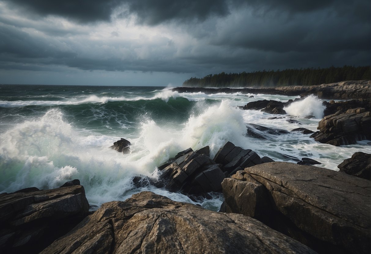 Dark storm clouds loom over rocky coastline, crashing waves and fierce winds create challenging conditions in Maine