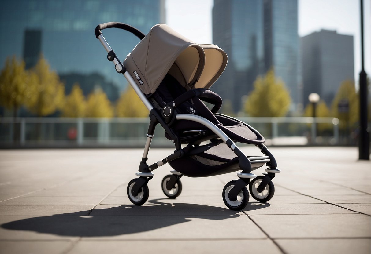 The Bugaboo Bee and Babyzen Yoyo face off in a modern urban setting, with sleek city buildings in the background. The Bugaboo Bee stands tall and sturdy, while the Babyzen Yoyo is compact and nimble