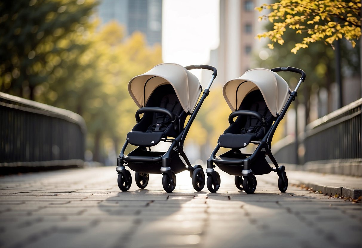 Two strollers, Bugaboo Bee and Babyzen Yoyo, stand side by side, highlighting their sleek design and sturdy build quality
