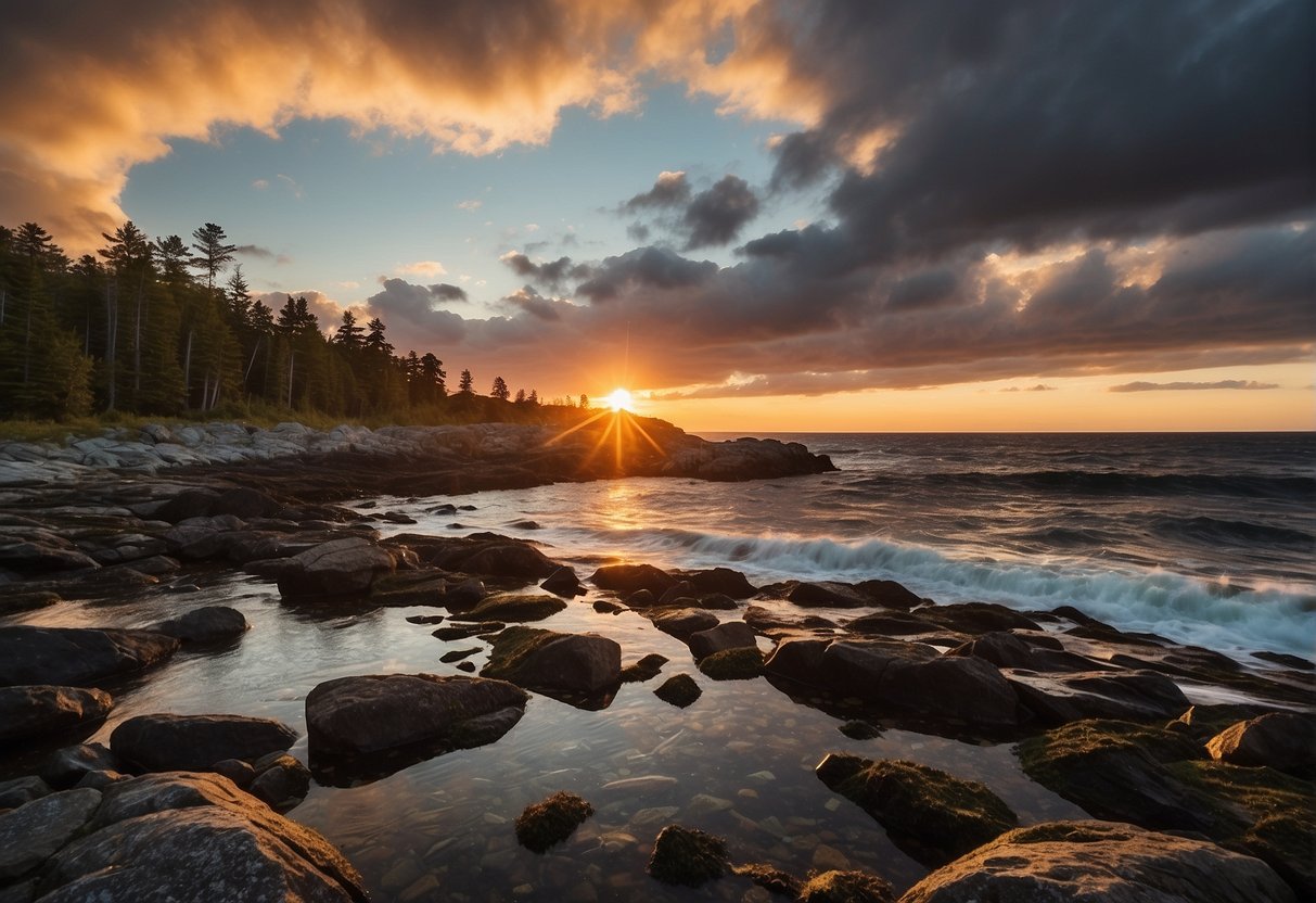 The sun sets behind a rocky coastline, as storm clouds gather above. A sign reads "Frequently Asked Questions: worst time to visit Maine."