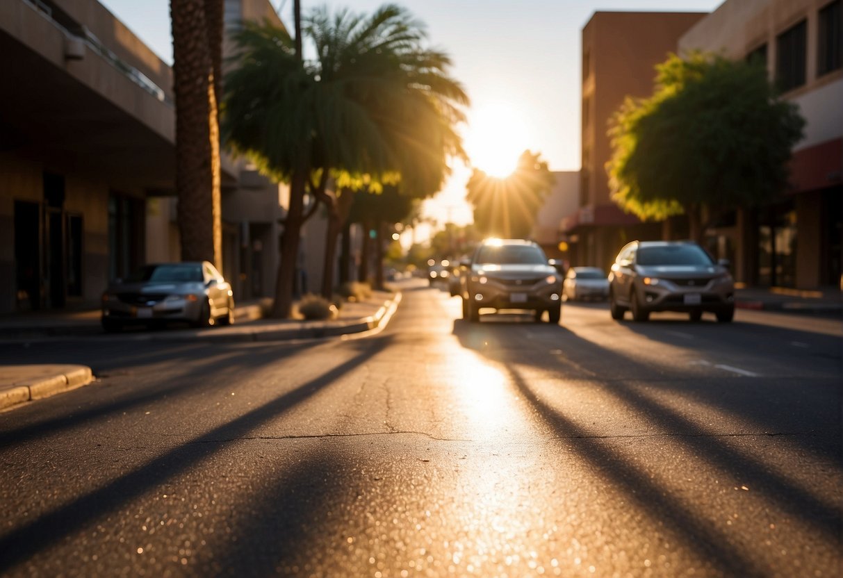 The scorching sun beats down on the empty streets of Phoenix, casting long shadows and creating a shimmering heat haze