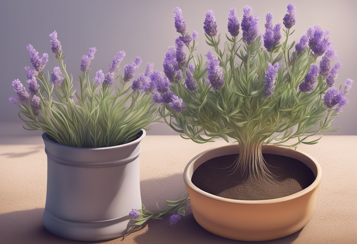 A drooping lavender plant in a pot, surrounded by dry soil and lacking water