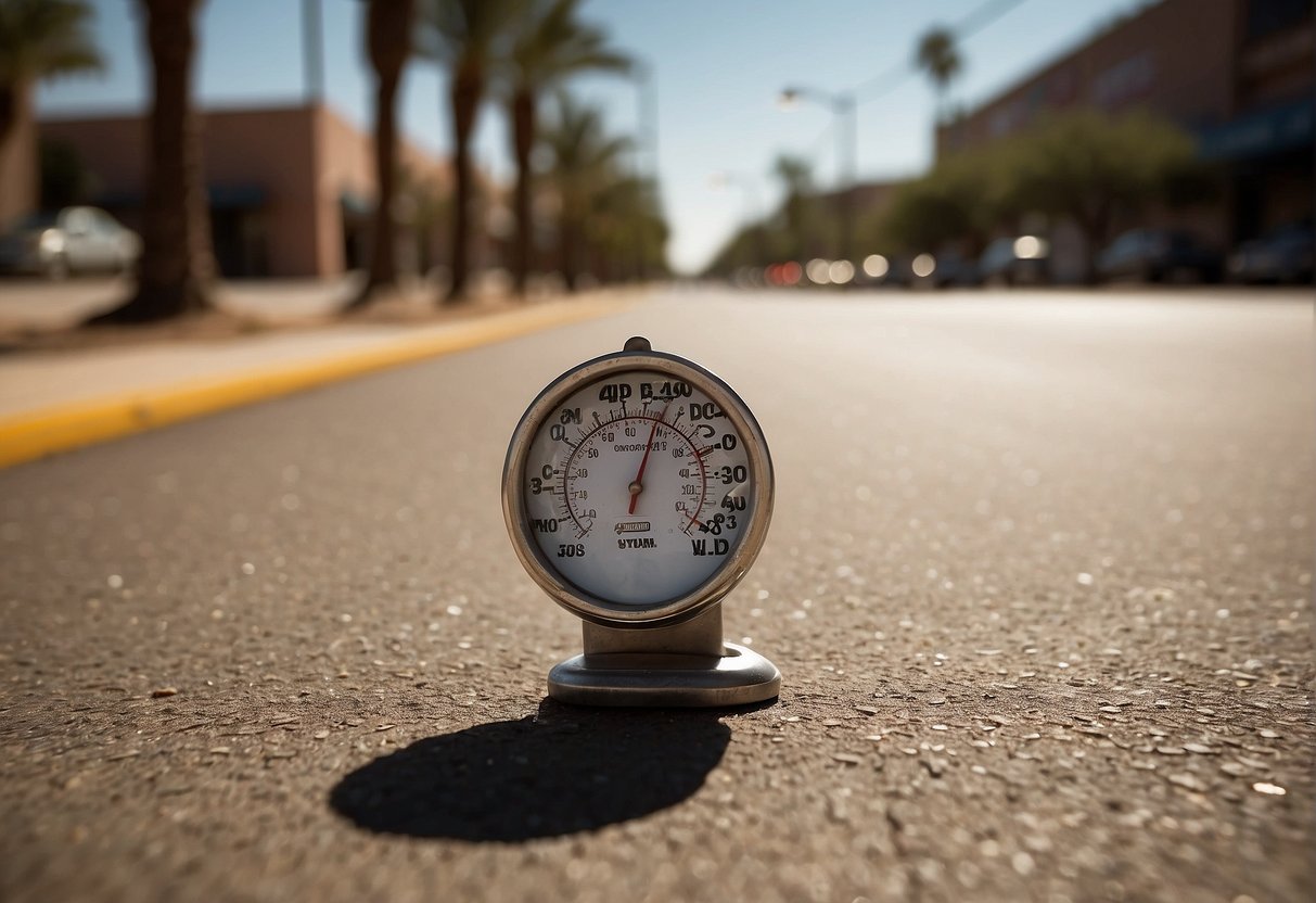 Harsh sunlight beats down on empty streets, as heat waves shimmer in the distance. A thermometer reads a scorching 110 degrees, warning travelers of the oppressive heat in Phoenix