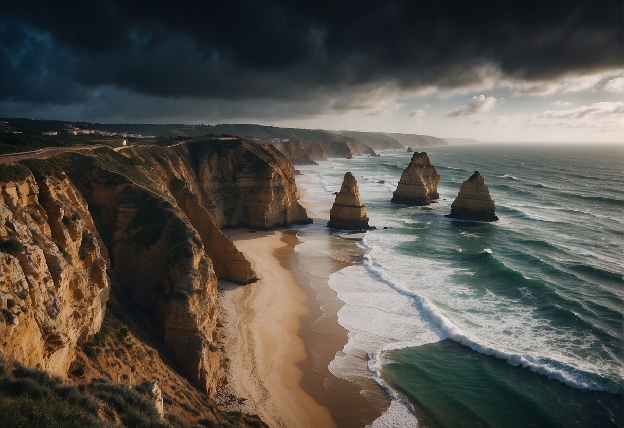 The stormy, winter sea crashes against the deserted, windswept coastline of Portugal. Dark clouds loom overhead, casting a shadow over the rugged cliffs and empty beaches